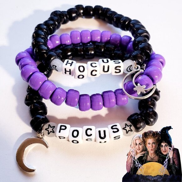 Hand Crafted Jewelry - Handmade Halloween Hocus Pocus Glow in Dark Stacked Charm Kandi Bracelets